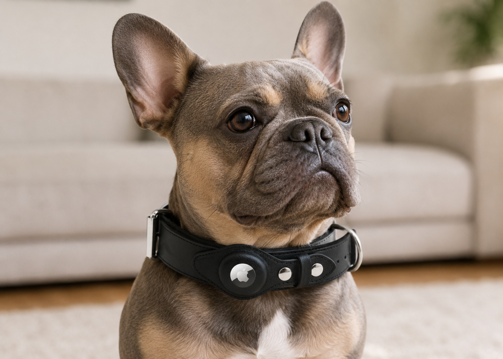 Heavy Duty Black Leather Dog Collar with Airtag Pocket